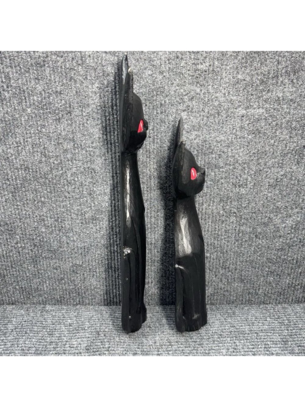 Set of 2 Vintage Black Cat Statues Wood Red Eyes Tall & Small Figures Halloween - Picture 4 of 9